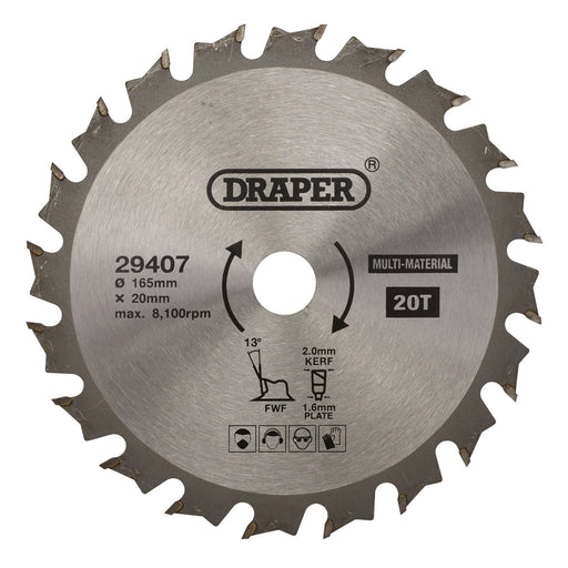 Draper TCT Multi-Purpose Circular Saw Blade, 165 x 20mm, 20T 29407 Draper - Dynamic Drive