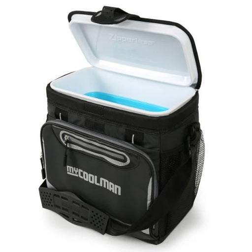 myCOOLMAN 16-Can Zipperless Cooler open, showing rigid flip lid and blue liner