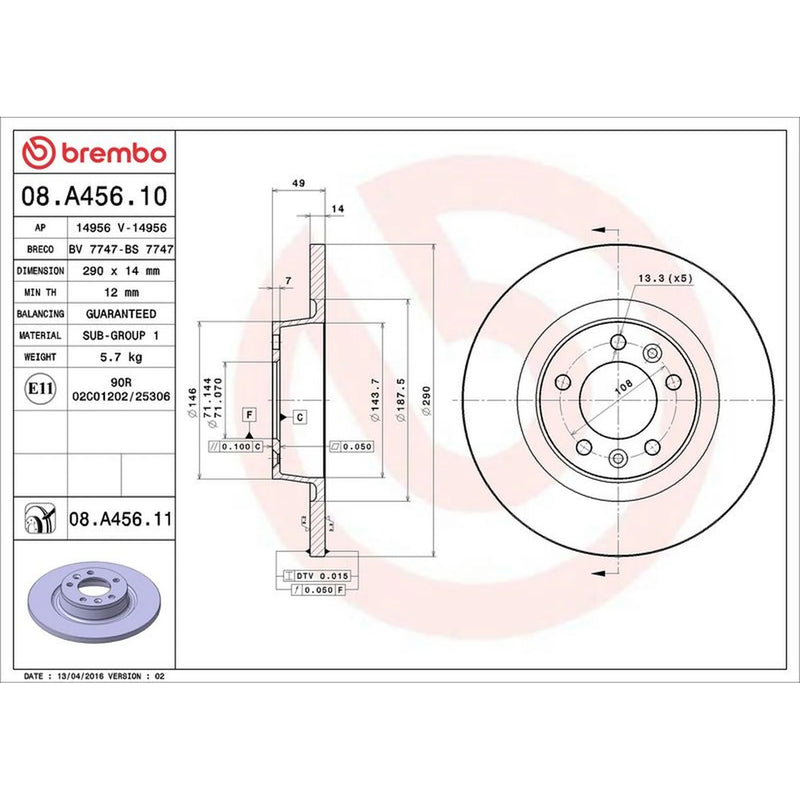 Brembo 2 x Solid Rear Brake Discs 08.A456.11-x2