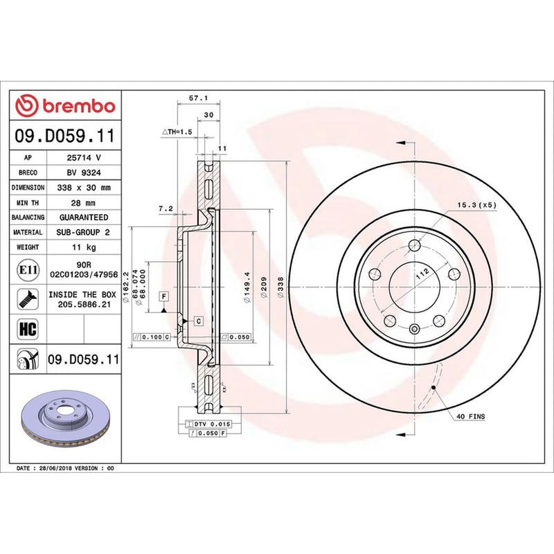 Brembo Front Brake Internally Vented Discs & Pads fits Audi A6 C8 2018-2019