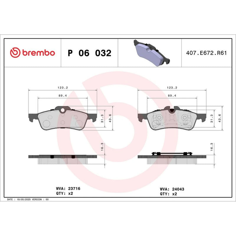 Brembo 4 x Rear Brake Pad Set fits Mini Mini 2001-2008