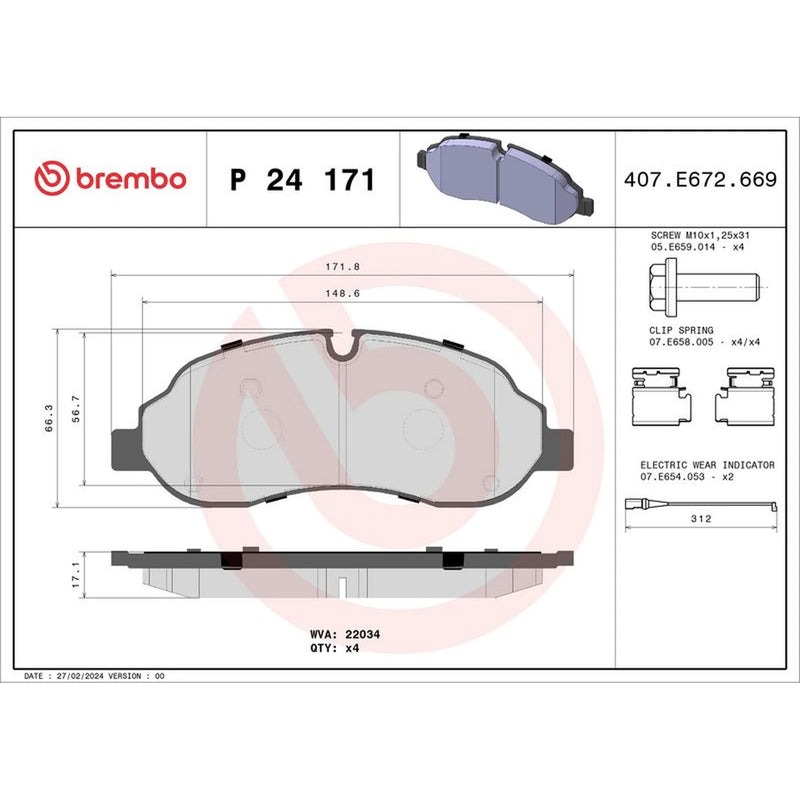 Brembo 4 x Front Brake Pad Set fits Ford Tourneo Custom V362 Bus 2012-2023