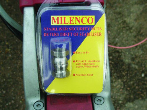 Milenco stabiliser anti-theft nuts in retail packaging, fitted on a caravan stabiliser