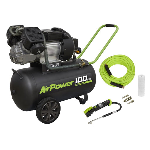 Sealey 100L Direct Drive V-Twin Air Compressor 3hp with Air Accessory Kit Sealey - Dynamic Drive