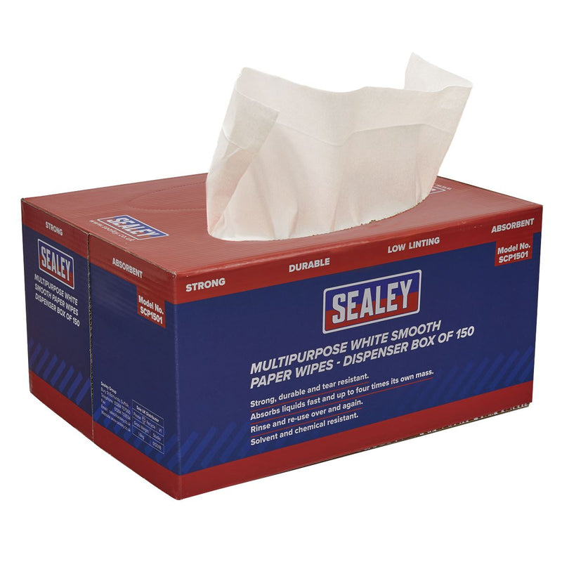 Sealey Multipurpose Paper Wipes in Dispenser Box Smooth White 73gsm 150 Sheets Sealey - Dynamic Drive