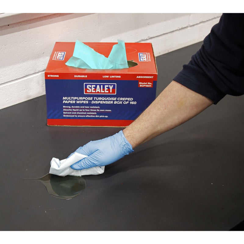 Sealey Multipurpose Paper Wipes in Dispenser Box Creped Turquoise 69gsm 160 Shee Sealey - Dynamic Drive
