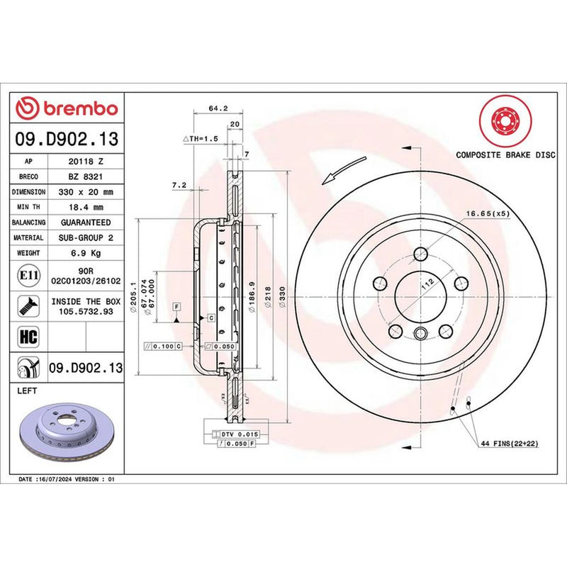 Brembo 2 x Rear Aluminium Brake Disc Hub Brake Discs 09.D902.13