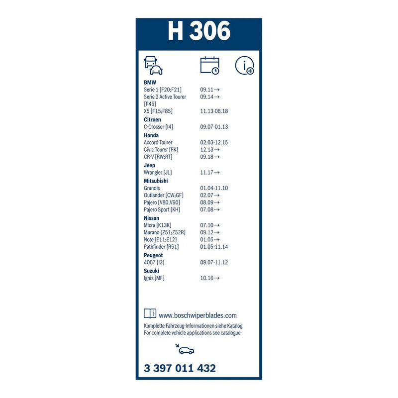 Bosch Conventional Wiper Blade 300mm — H306 fits BMW 1 Sports Hatch 2011-2019