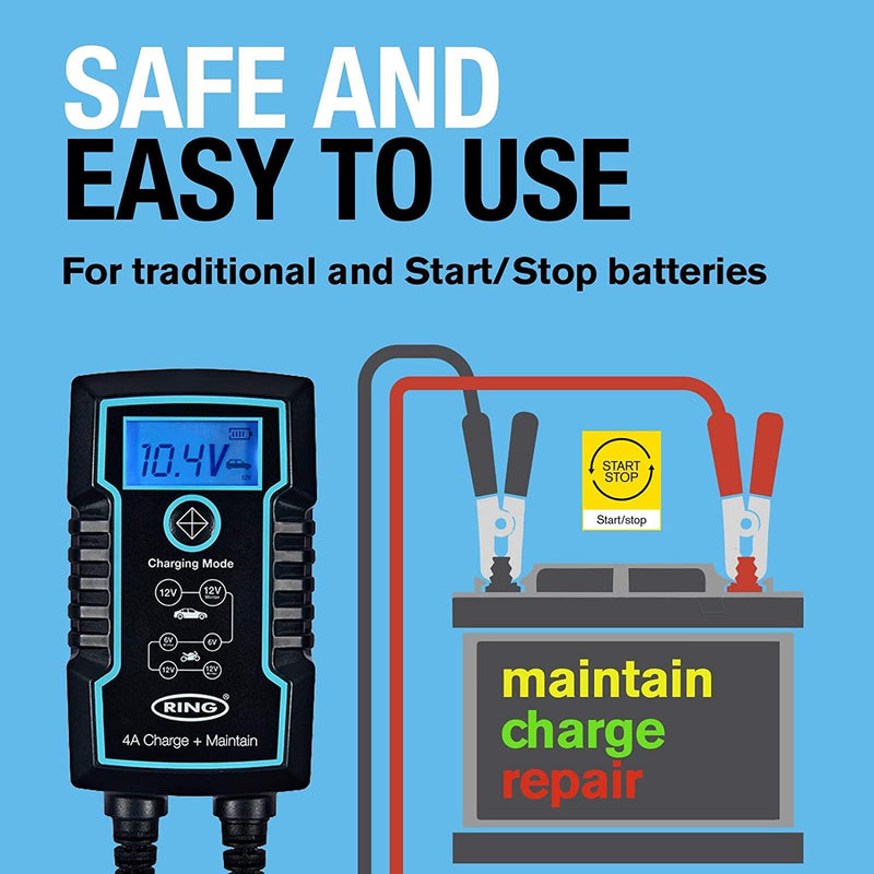 Ring 4A Smart Battery Charger and Battery Maintainer LCD Display 6/12v Ring Automotive - Dynamic Drive