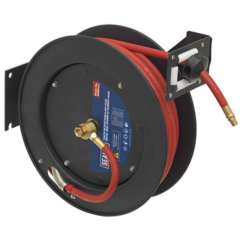 Sealey Retractable Air Hose Metal Reel 15m10mm ID Rubber Hose SA841 Sealey - Dynamic Drive