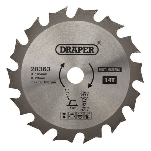 Draper TCT Multi-Purpose Circular Saw Blade, 165 x 20mm, 14T 28363 Draper - Dynamic Drive