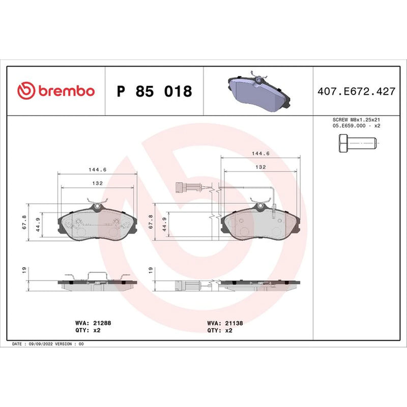 Brembo 4 x Front Brake Pad Set fits Audi 100 C3 1984-1990 1.8 2.2 2.3 2.5