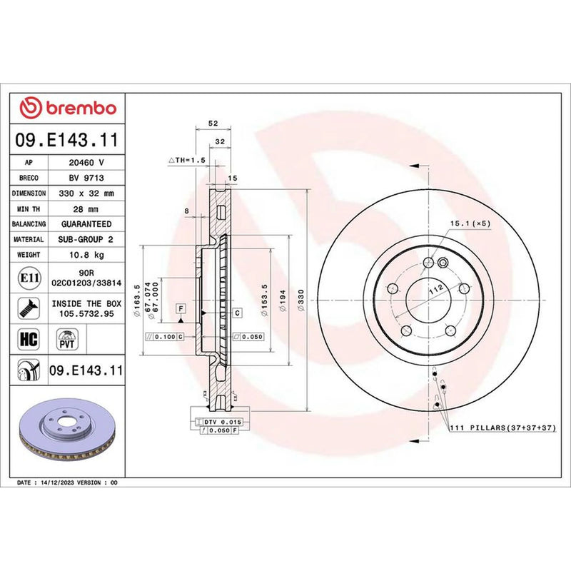 Brembo 2 x Brake Discs fits Mercedes-Benz Eqv 2020 on 447.813 447.815