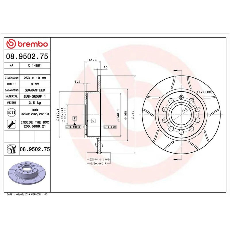 Brembo 2 x Slotted Rear Brake Discs 08.9502.75-x2