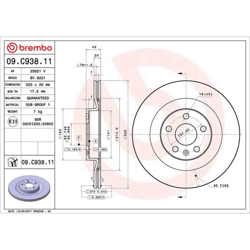Brembo 2 x Internally Vented Rear Brake Discs 09.C938.11-x2