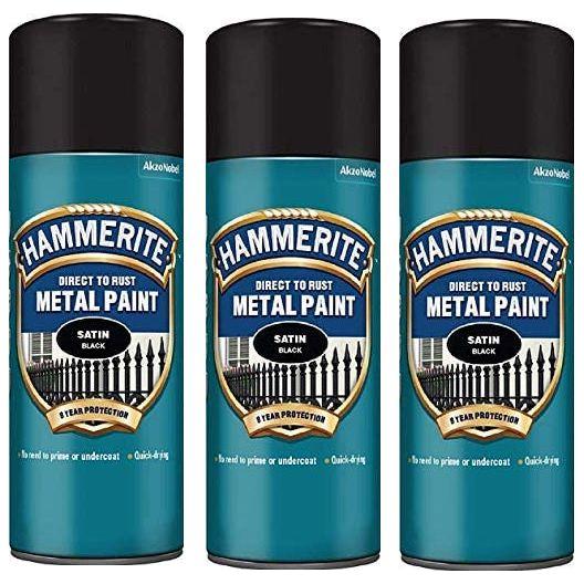 3X 400ml  Hammerite SATIN BLACK Direct to Rust Metal Spray Paint Aerosol 400ml Hammerite - NN4 Online 