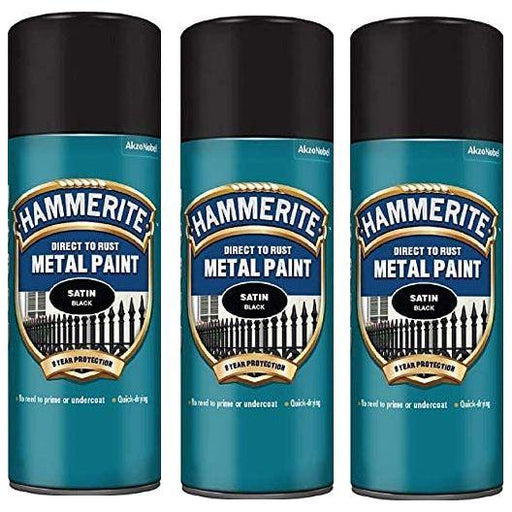 3X 400ml  Hammerite SATIN BLACK Direct to Rust Metal Spray Paint Aerosol 400ml Hammerite - NN4 Online 