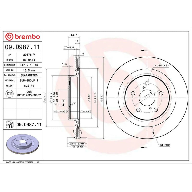 Brembo 2 x Internally Vented Rear Brake Discs 09.D987.11-x2