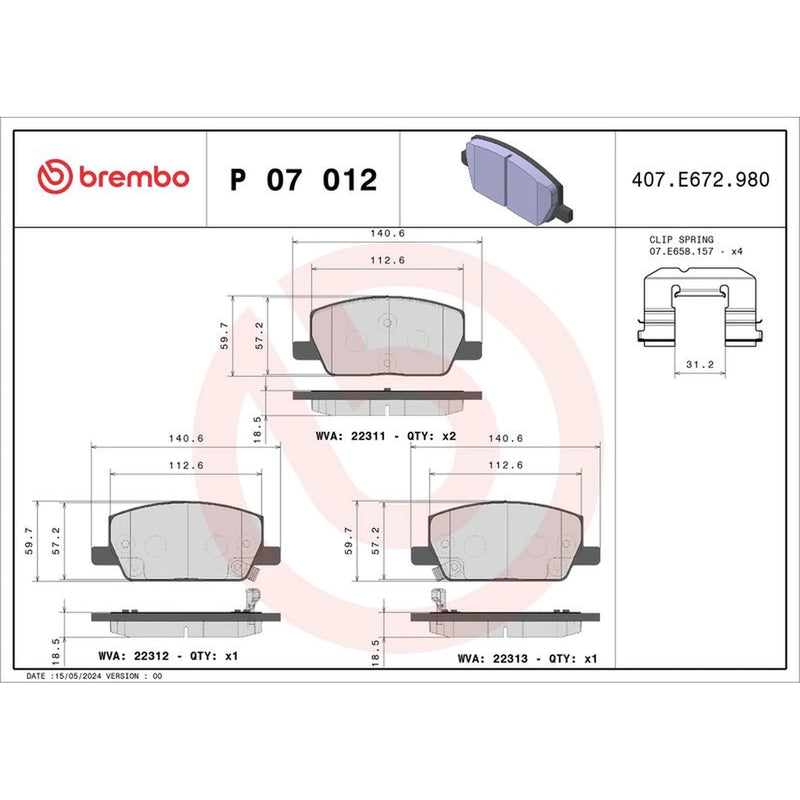 Brembo 4 x Front Brake Pad Set fits Chevrolet Trax 2012 on 1.4