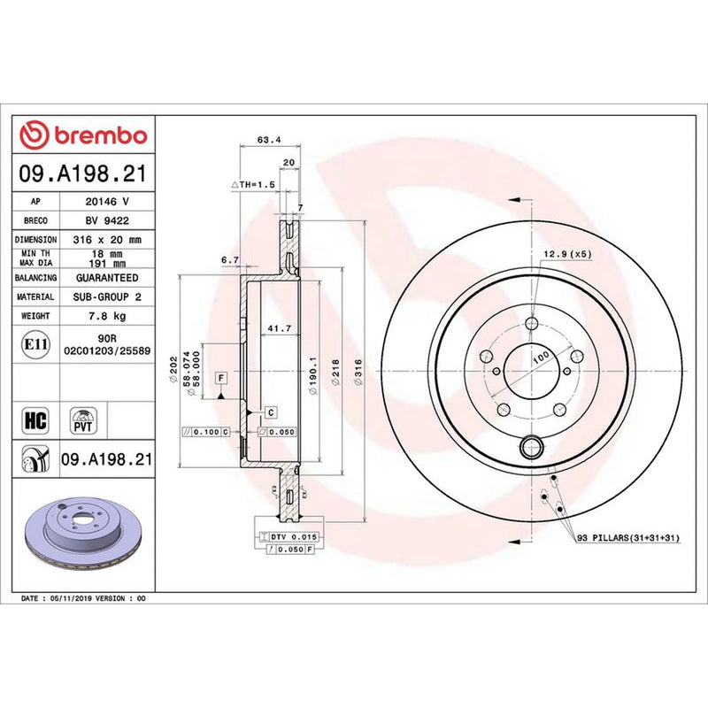 Brembo 2 x Internally Vented Brake Discs fits Subaru Brz 2012 on 2.0