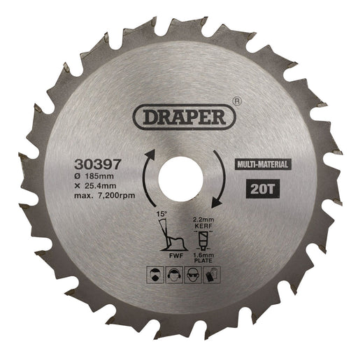 Draper TCT Multi-Purpose Circular Saw Blade, 185 x 25.4mm, 20T 30397 Draper - Dynamic Drive