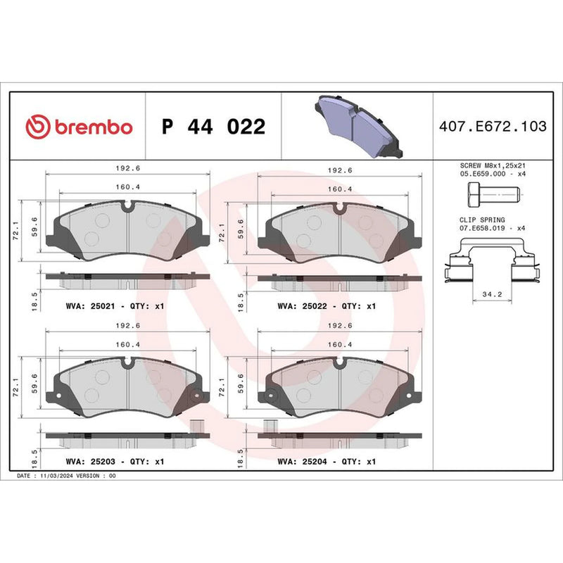 Brembo 4 x Front Brake Pad Set fits Land Rover Defender 2020 on 2.0 3.0