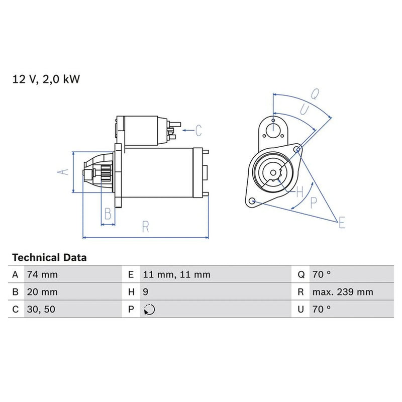 Bosch Starter Motor 12V 2kW 9 Teeth