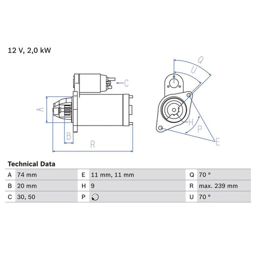 Bosch Starter Motor 12V 2kW 9 Teeth