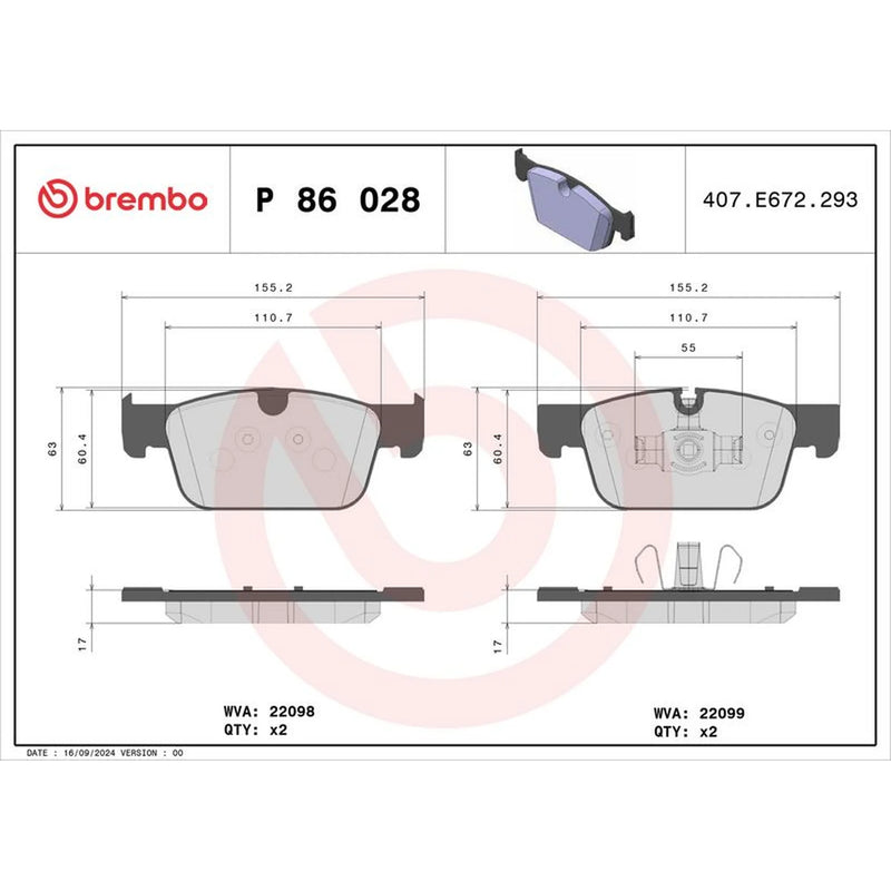 Brembo 4 x Front Brake Pad Set fits Volvo S60 III 2019-2023