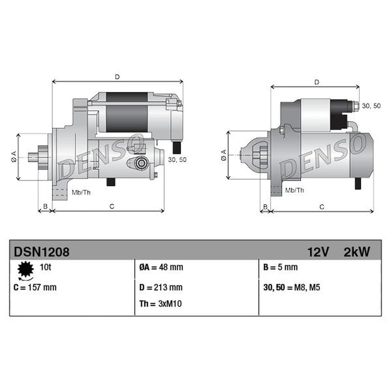 Denso Starter Motor 12V 2kW 10 Teeth fits Land Rover Discovery Sport 2014 on 2.2