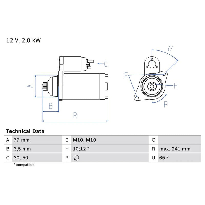 Bosch Starter Motor 12V 2kW 12 Teeth 0 986 014 141