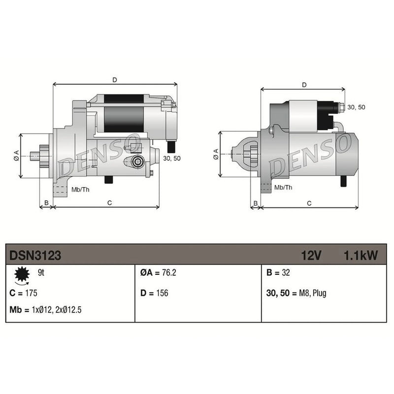 Denso Starter Motor 12V 1.1kW 9 Teeth fits Audi A3 1996-2003 1.6 1.8 1.9