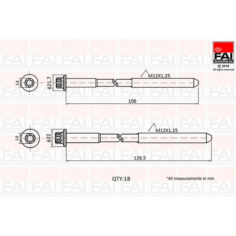 FAI Cylinder Head Bolt Set M12 x 1.25 fits Metrocab Taxi 2001-2006 2.4