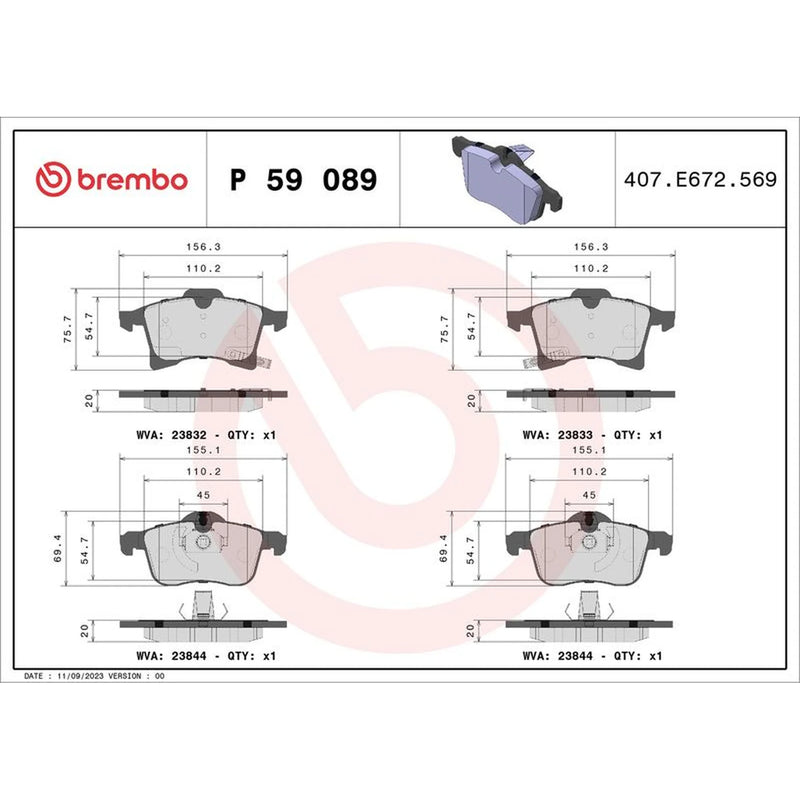 Brembo 4 x Front Brake Pad Set fits Opel Adam 2012-2019 1.0 1.2 1.4
