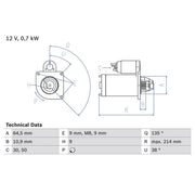Bosch Starter Motor 12V 0.7kW 9 Teeth