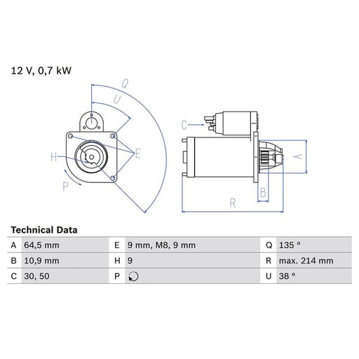 Bosch Starter Motor 12V 0.7kW 9 Teeth