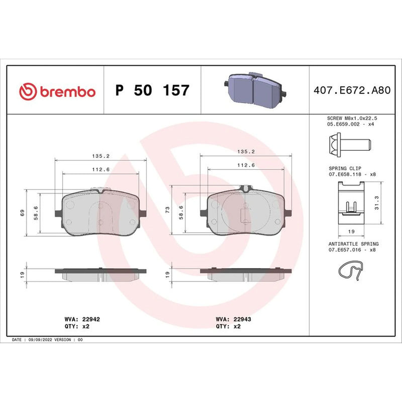 Brembo 4 x Front Brake Pad Set fits Mercedes-Benz A-Class 2018-2019