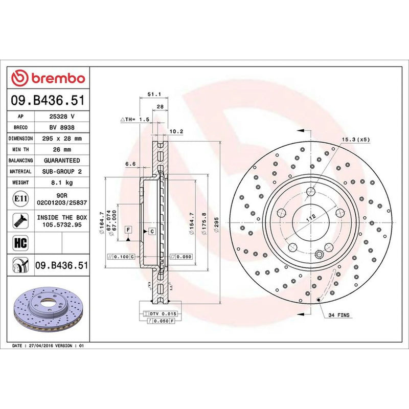 Brembo 2 x Perforated/Vented Front Brake Discs 09.B436.51-x2