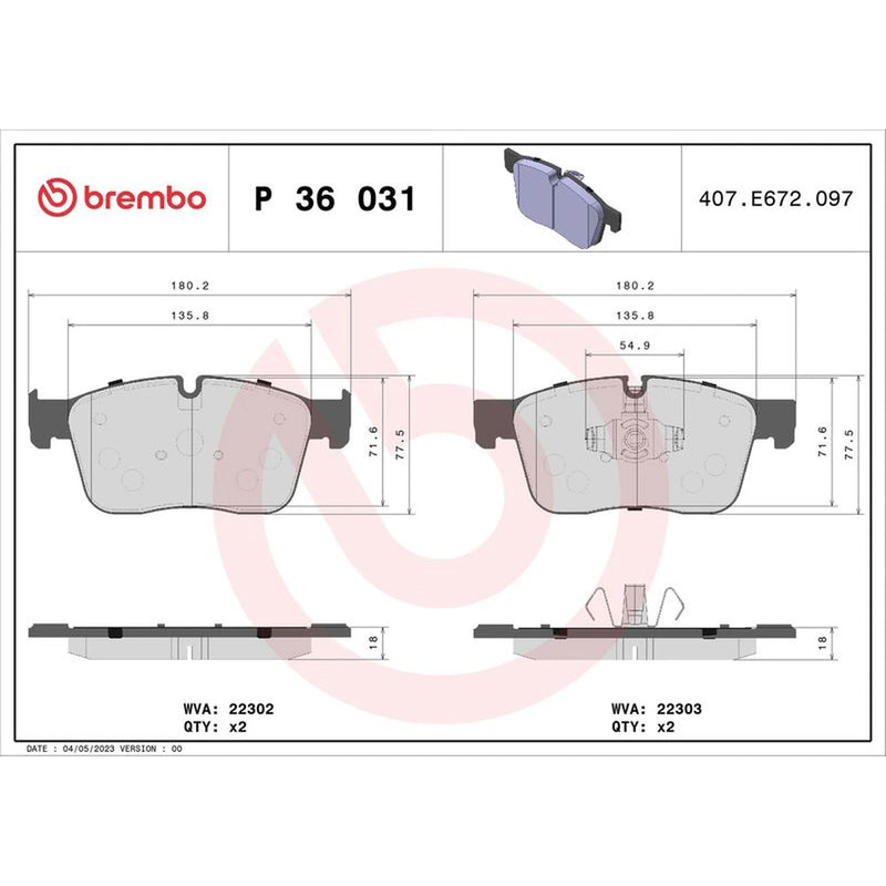 Brembo 4 x Front Brake Pad Set fits Jaguar F-Pace 2015 on 2.0 3.0