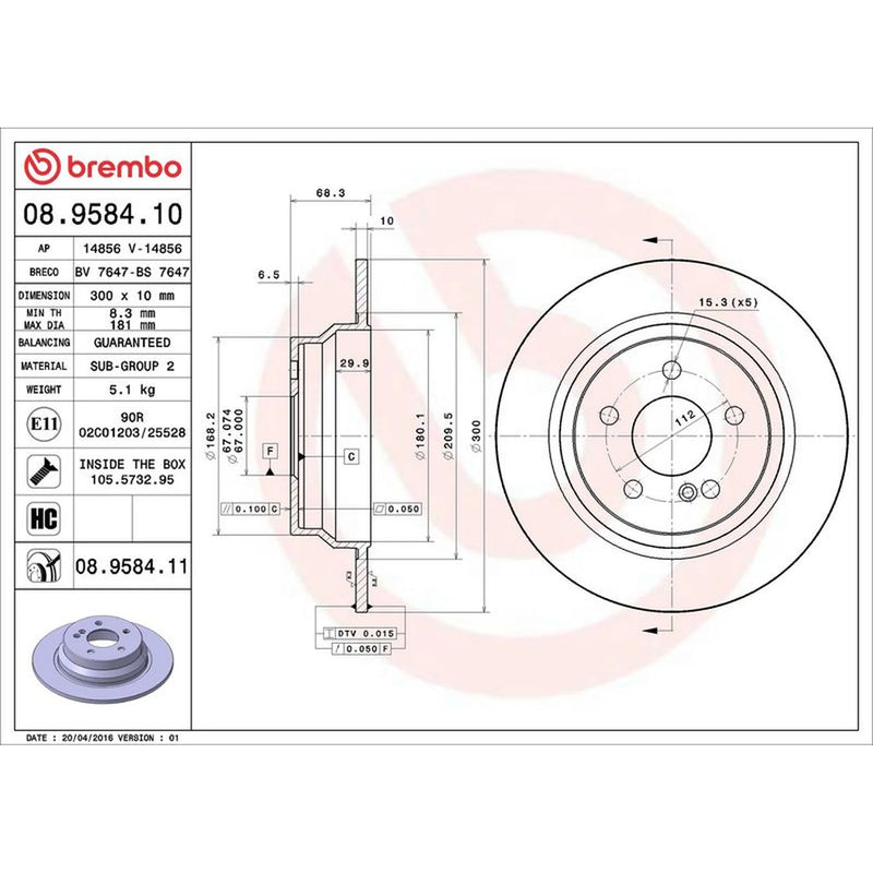 Brembo 2 x Solid Rear Brake Discs 08.9584.11-x2