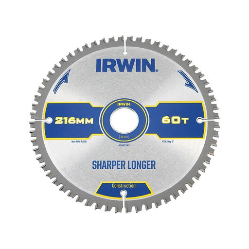 Irwin® Construction Mitre Circular Saw Blade 216 x 30mm x 60T ATB/Neg IRWIN® - Dynamic Drive