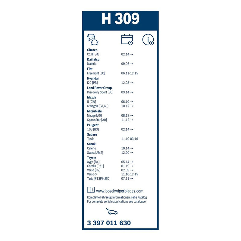 Bosch Conventional Wiper Blade 300mm — H309 fits Citroën C1 II 2014-2021 1.0 1.2