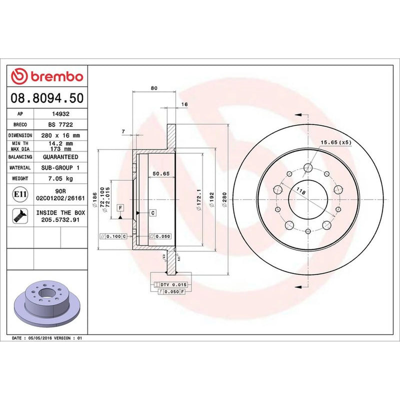 Brembo 2 x Solid Rear Brake Discs 08.8094.50-x2