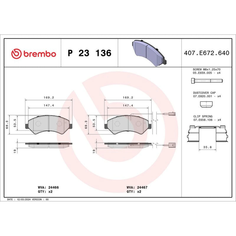 Brembo 4 x Front Brake Pad Set fits Citroën Relay III 2006-2023 2.0 2.2 3.0