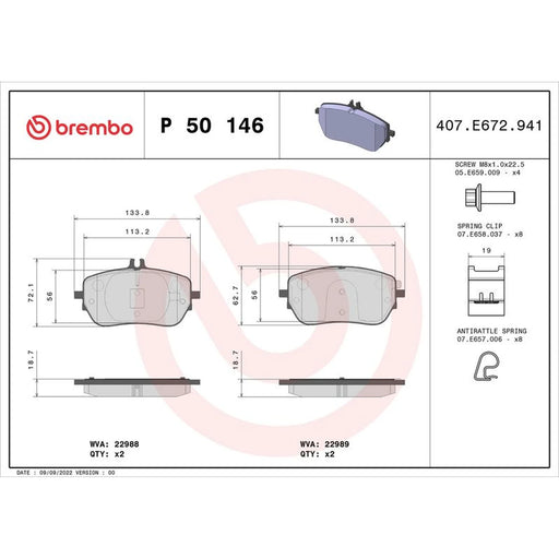Brembo 4 x Front Brake Pad Set fits Mercedes-Benz A-Class 2018-2020