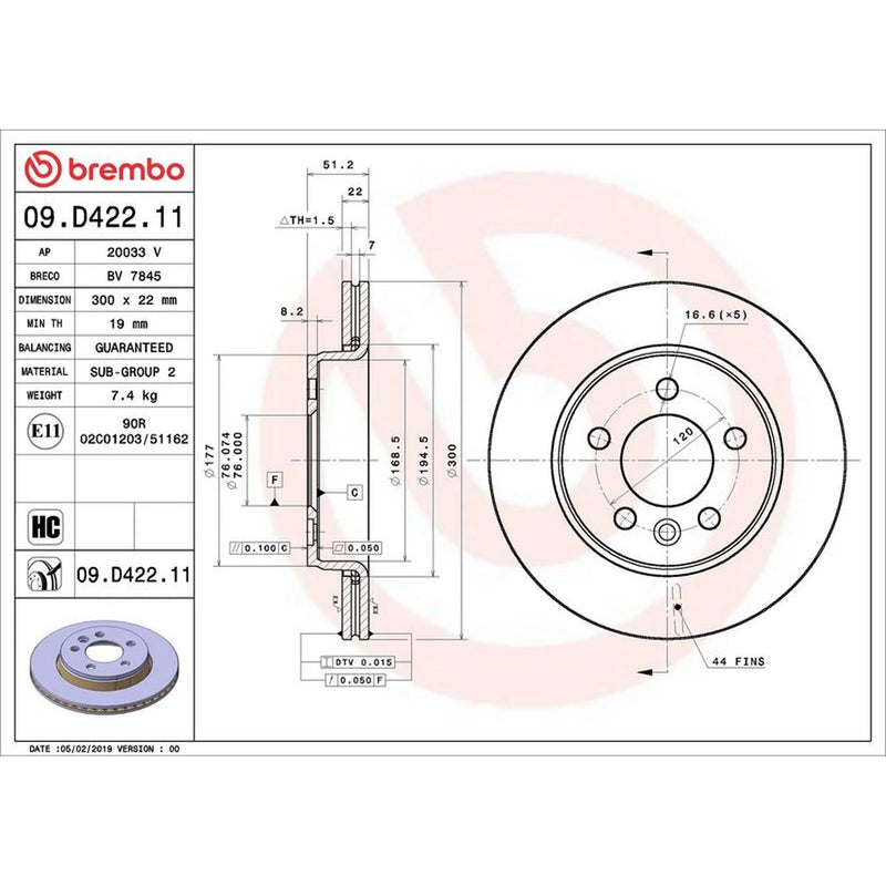 Brembo 2 x Internally Vented Rear Brake Discs 09.D422.11-x2