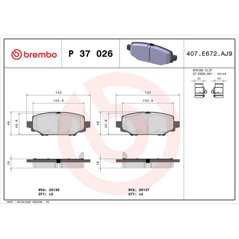 Brembo 4 x Rear Brake Pad Set fits Jeep Wrangler IV 2017 on 2.0 2.2