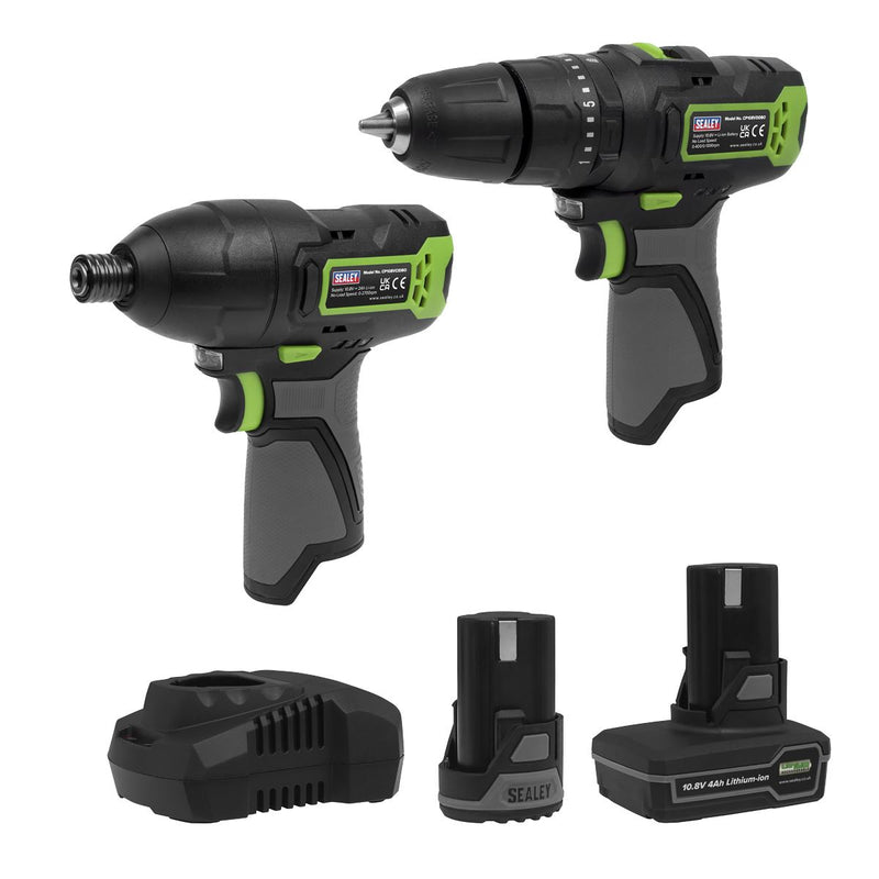 2 x SV10.8 Series Cordless Combi Drill & Impact Driver Kit 10.8V - 2 Batteries Sealey - Dynamic Drive
