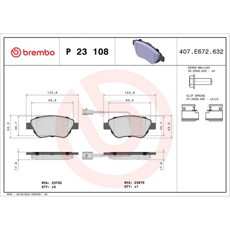 Brembo 4 x Front Brake Pad Set fits Fiat 500 2008-2009 1.3 1.4