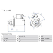 Bosch Starter Motor 12V 1kW 9 Teeth 0 986 028 080